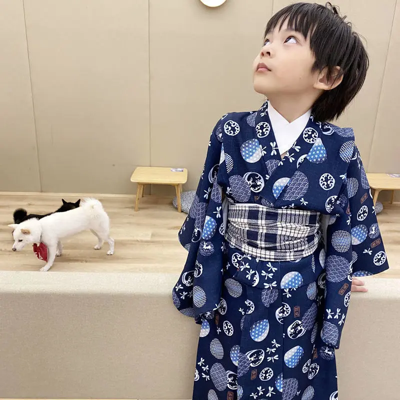 Boys Traditional Japanese Kimono with Belt Kids Clothes Baby Kimono Yukata Children\'s Animal Print Long Sleeve Kimono LC985