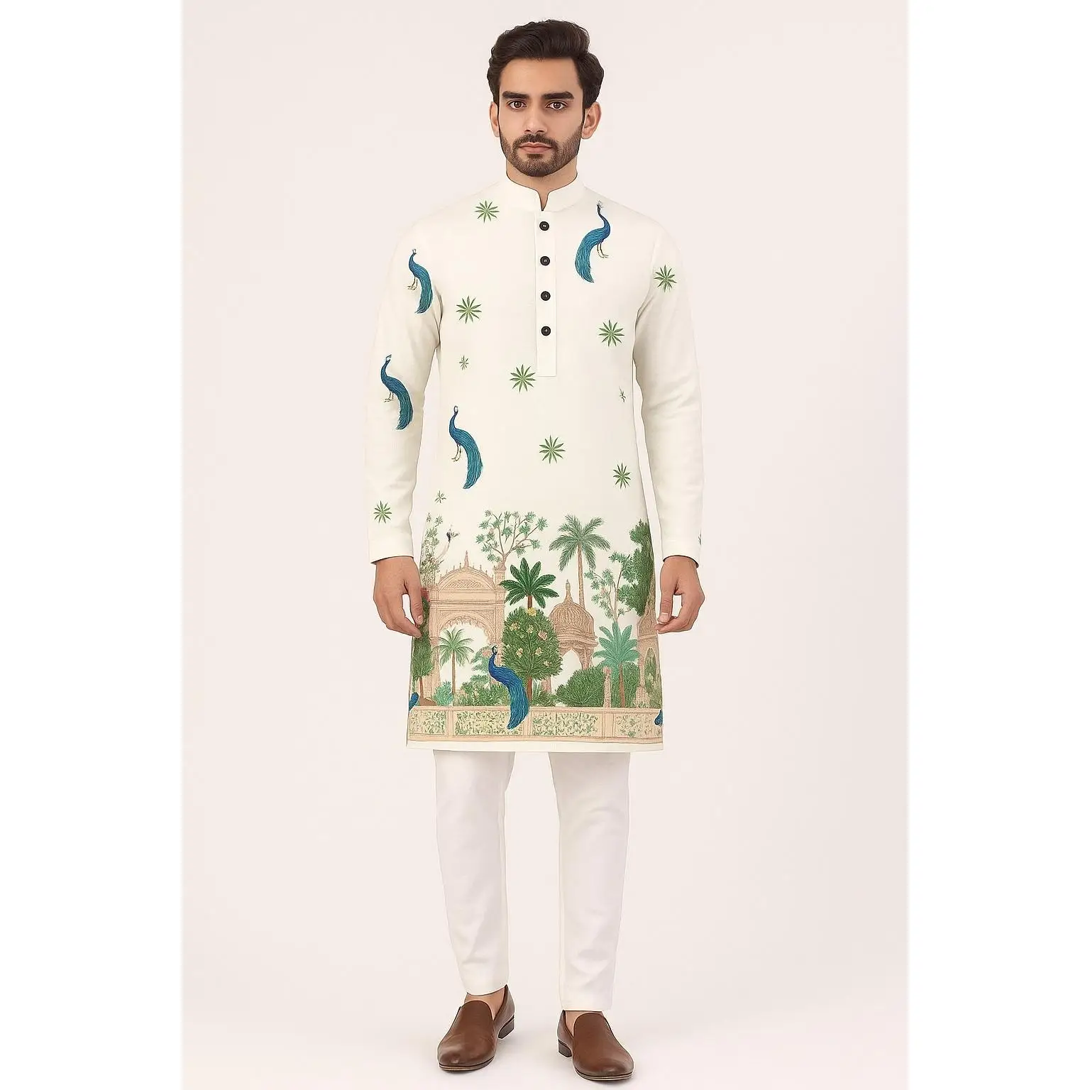 2026 uomo stampa digitale kurta pensiha vestibilità regolare colletto alla coreana lungo adatto a tutte le occasioni come matrimonio Hari Raya Aidilfitri