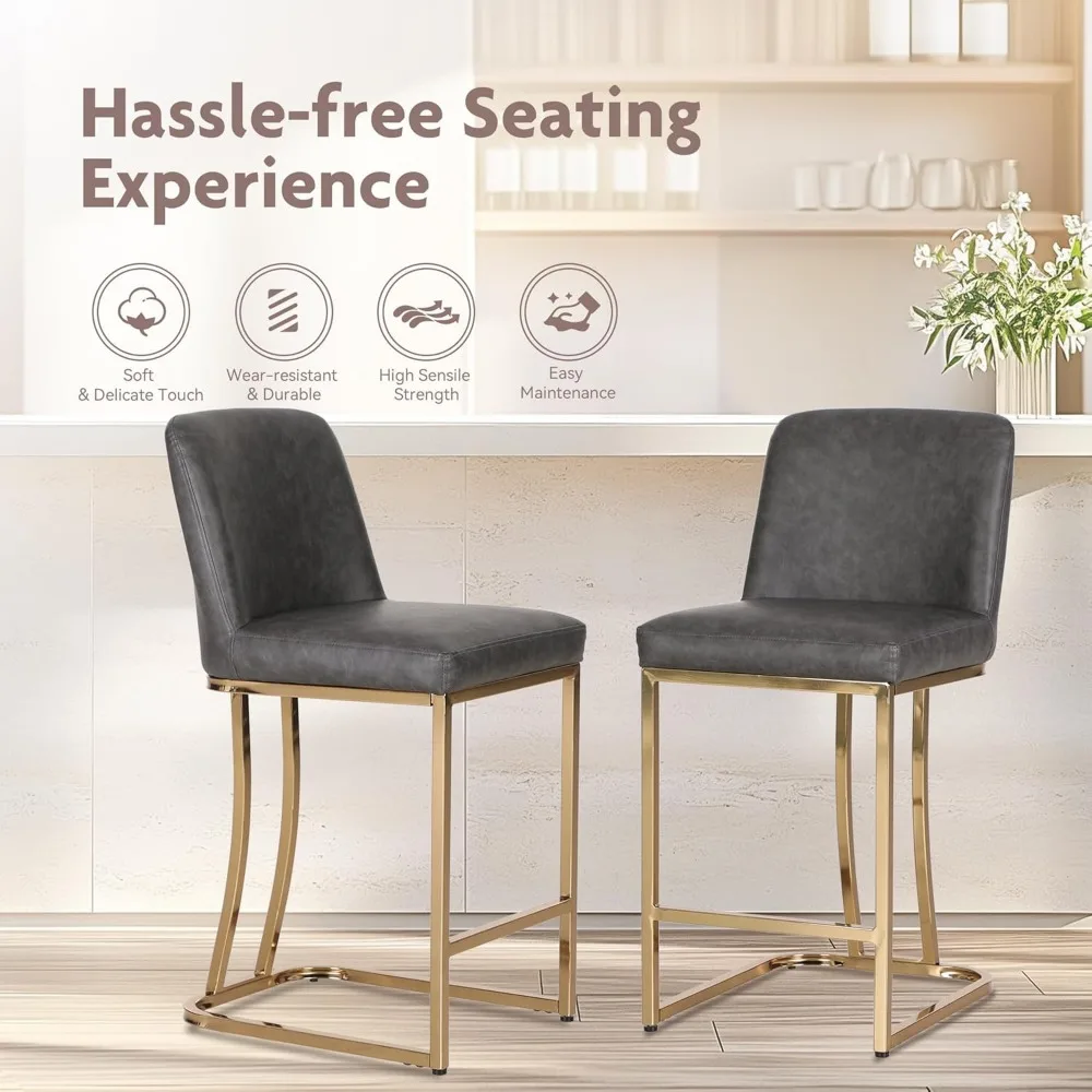 24" Retro Bar Stool, Modern PU Leather Chair with Golden Frame & Backrest for Coffee Shop, Kitchen & Dining