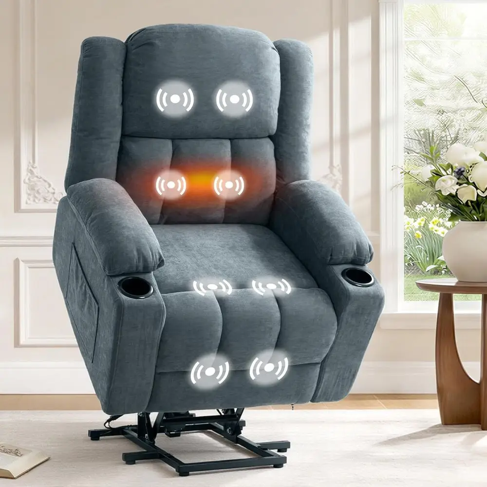 

Power Lift Recliner for Elderly with Massage & Heat, Fabric Sofa w/USB & Type-C Charging, Medium Size, Denim Blue