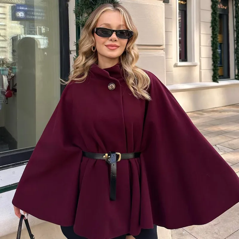 HXAO 2025 Women\'s Jacket Cloak Tweed Jacket Women Wool & Blends Coats Bat Long Sleeve Coats Burgundy Brown Black Cape Outerwears