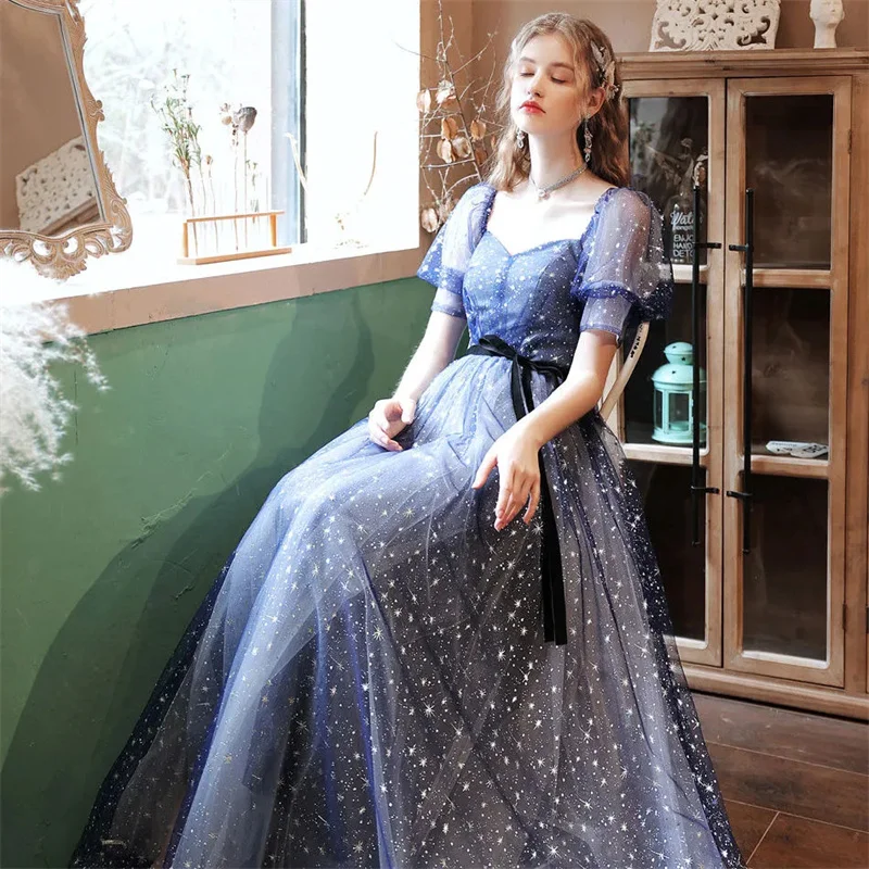 

Summer 2025 Women Blue Bubble Sleeves Birthday Party Stage Show Vocal Art Exam Chorus Host Wedding Dress Evening Dress Female