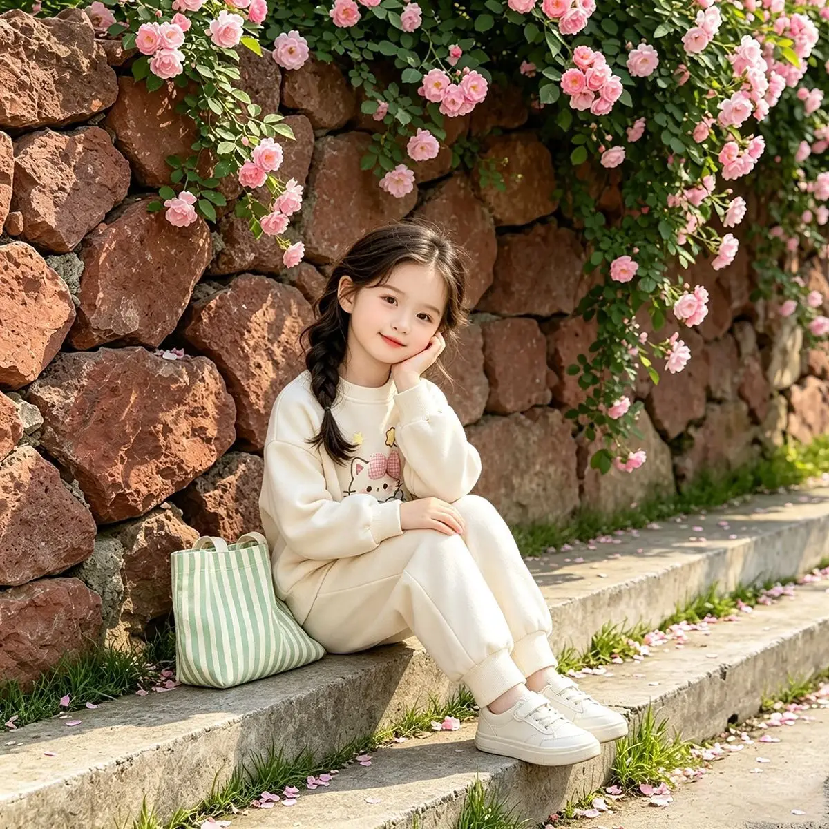 Mädchen-Cartoon-Katzen-Sweatshirt & Weitbein-Hosen-Set – Süßes koreanisches 2-teiliges Outfit für Kinder, lässige lockere Frühlings- und Herbstkleidung – Detail 7