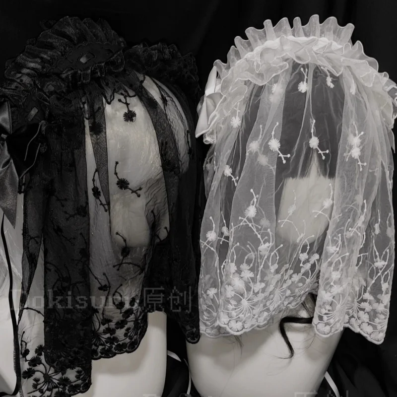 オリジナルロリータブライダルベール多用途ヘッドバンドゴシックダークレースリボンエンジェルヘッドピースロリータコスプレフリルヘアアクセサリー