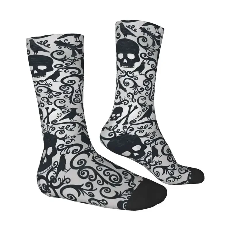 Funny Mens Black Skulls Crossbones Crows Dress Socks Unisex Comfortable Halloween Gothic Skeleton Breathable Crew Sock