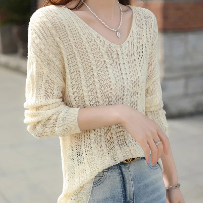 Spring and summer new hollowed out loose long sleeved top, base knit shirt, versatile lining, casual top