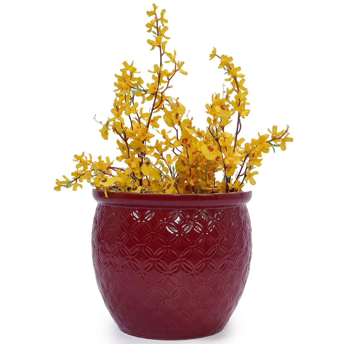 Handmade Ceramic Flower Pot Set of 3, 15/12/10 Inch Diameter, Deep Red with Floral Embossed Pattern, for Orchids Indoor/Outdoor Use on Windowsill & Bookshelf, Breathable Clay