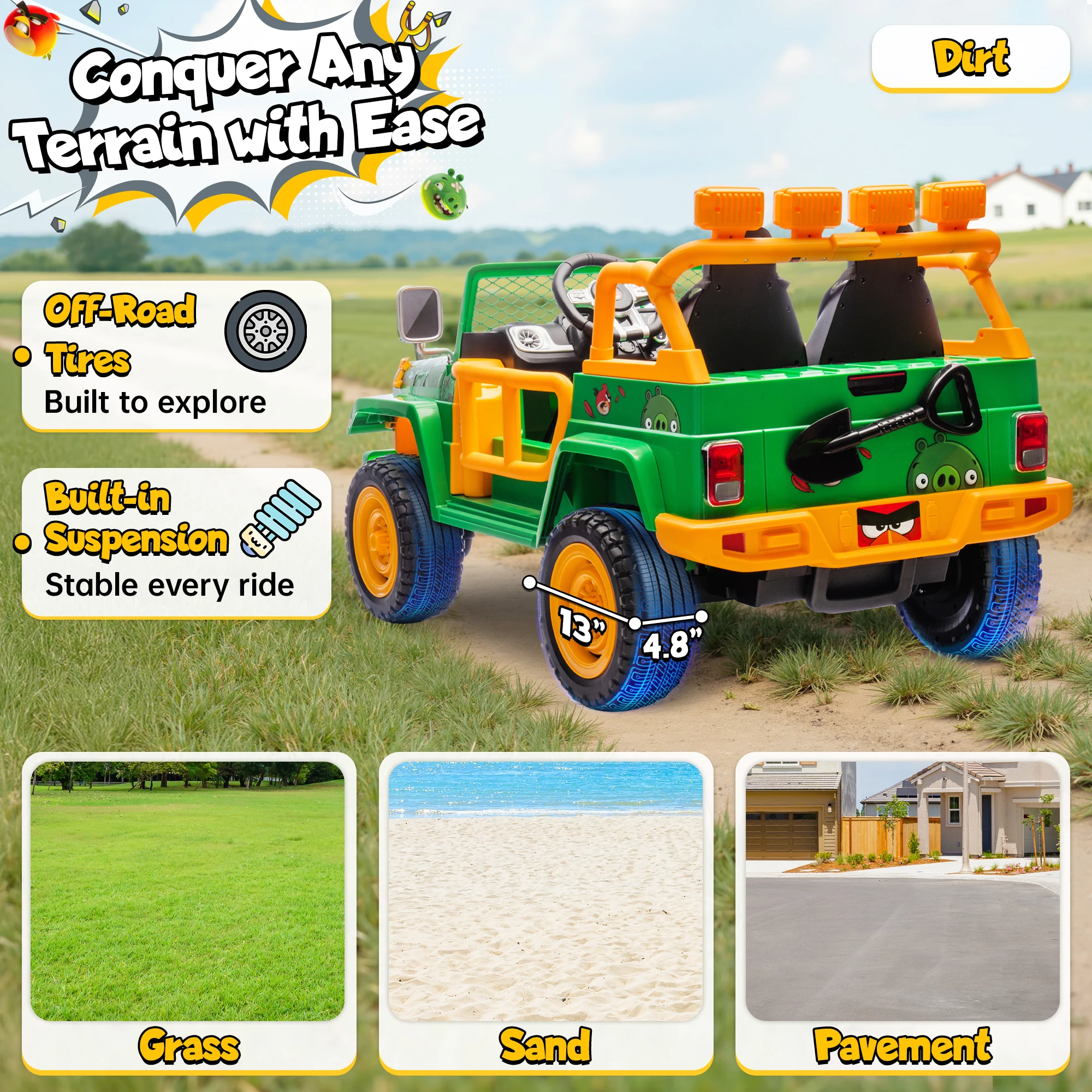 Angry Bird sur roues Voiture électrique pour enfants – 4WD tout-terrain, double siège, télécommande, Bluetooth, pour 3 à 8 ans