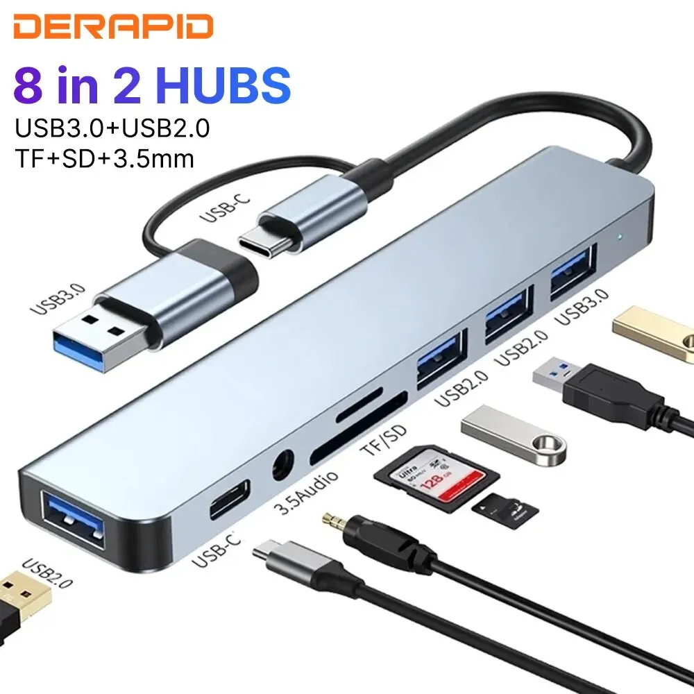 USB HUB 8 in 2 TypeC/USB3.0 To TF/PD +3.5mm Audio 5 in 2 HUB USB C Multi Splitter High Speed For PC/Laptop/Macbook Pro/Switch