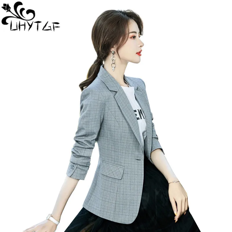 

UHYTGF Quality Plaid Blazers Jacket Fashion Women's Coats Long Sleeve Casual Spring Autumn Blazers Female 4XL Big Size Tops 2084