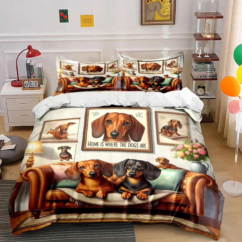 Two dachshunds on the sofa cartoon Print Bedding Set 1 Duvet Cover 2 Pillowcases for Adult and Children Luxury Gift Full Size
