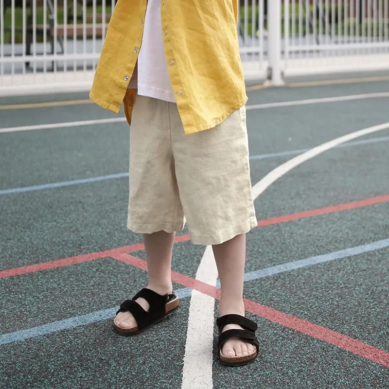 Spring and Summer New Linen Casual Shorts for Boys and Girls Forest Style Fresh and Small Elastic Design Five Quarter Pants