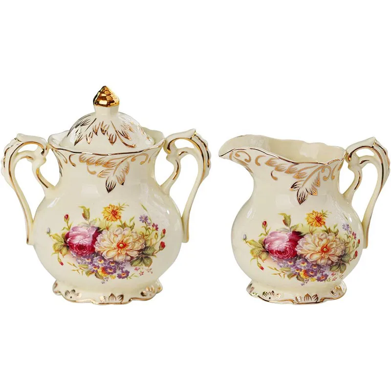 Ceramic Creamer and Sugar Set, Ivory Porcelain Flower and Gold Leaves Edge,Vintage Floral Milk Jug and Sugar Bowl