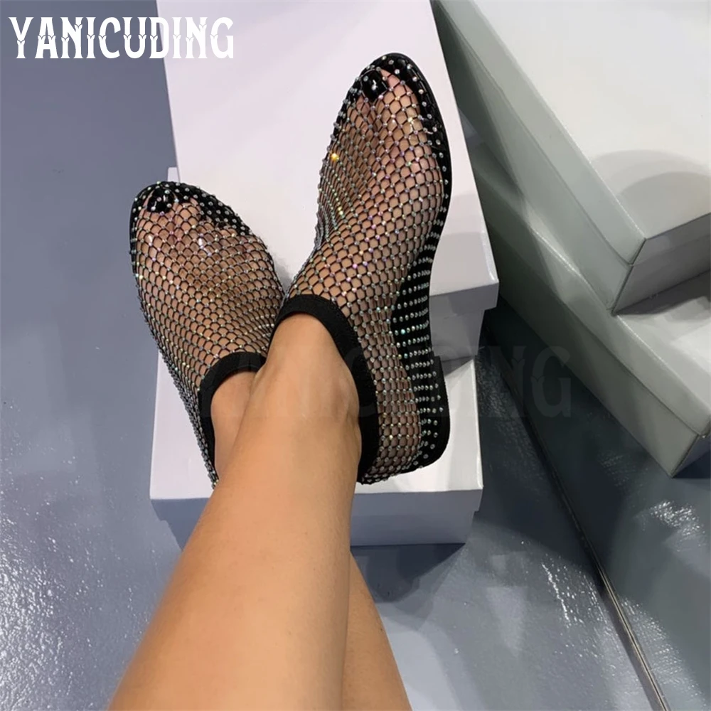 Veelkleurige Volledig Strass Mesh Sandalen Sexy Slip-On Zomer Sandalen Mode Hoge Hak Zomer Laarsjes Platte Sandalen Op Voorraad