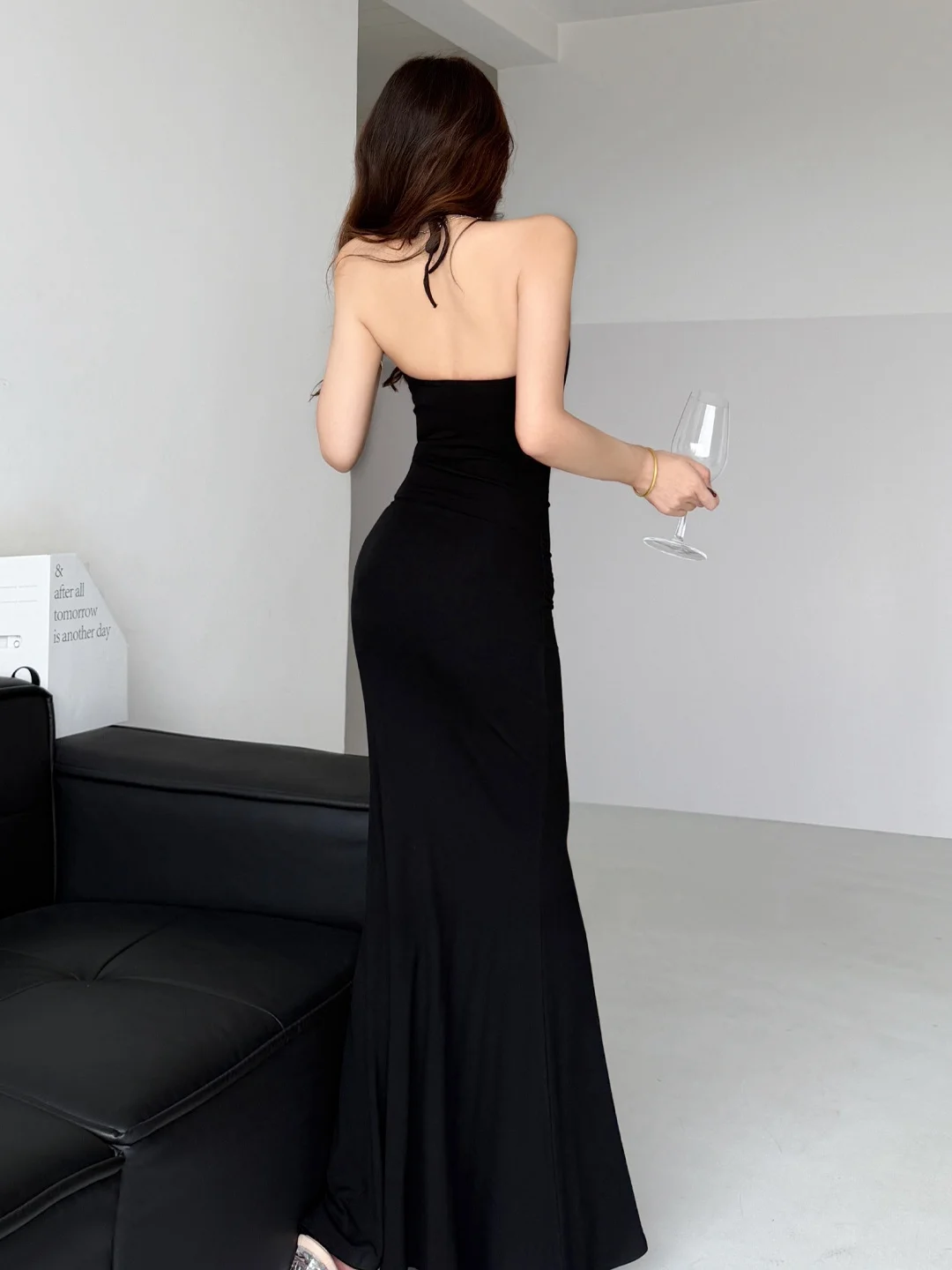 Sexy Black Evening Gown Women's High Waist Fish Tail Long Dress Slimming Romantic Bodycon Dress Neck Hanging Dress Cotton Ble...