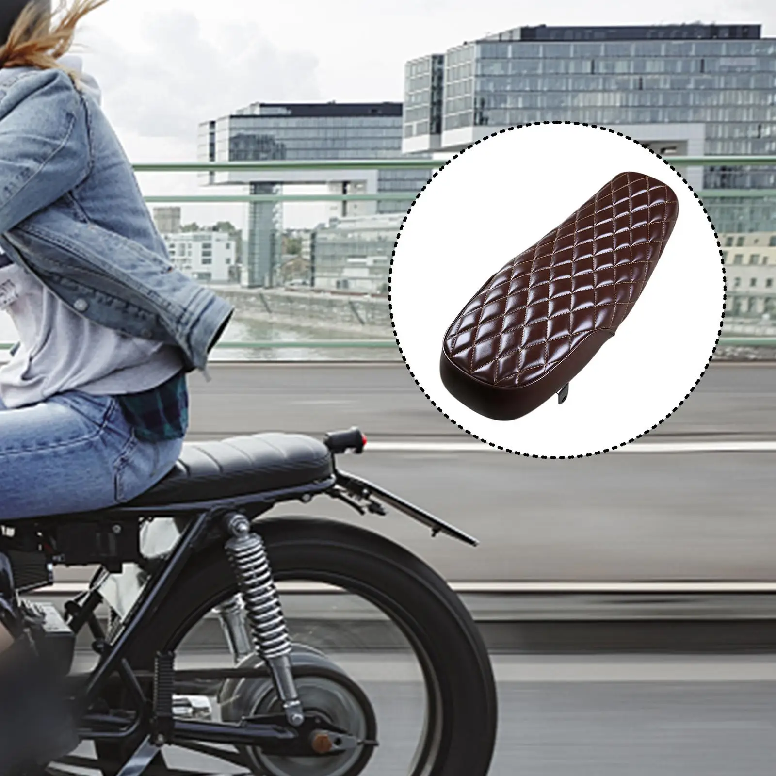 Cafe Racer Vintage Seat Cushion 63cm Brown Rhombus Pattern Motorcycle Saddle Universal Flat Brat Style for Retro Bikes