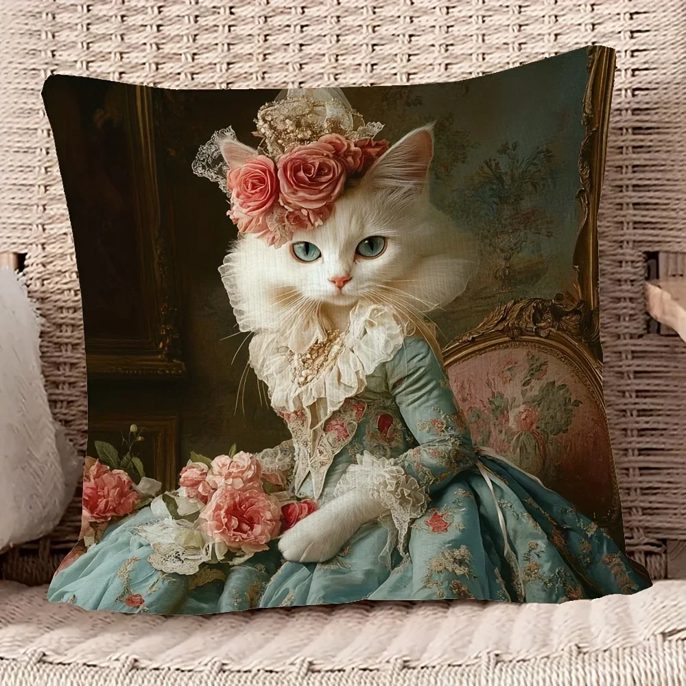 2D Flat Victorian Royal Cat Throw Pillow Cover Elegant Floral Decorative Pillow Case Sofa Bedroom Living Room