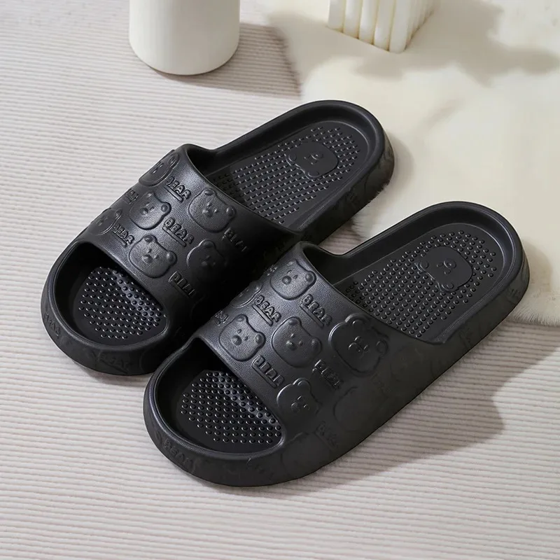 Cute Bear Couple Slippers Summer Indoor Soft Cartoon Sandals Anti-Slip Bathroom Outdoor Comfy Men Women Leisure Shoes