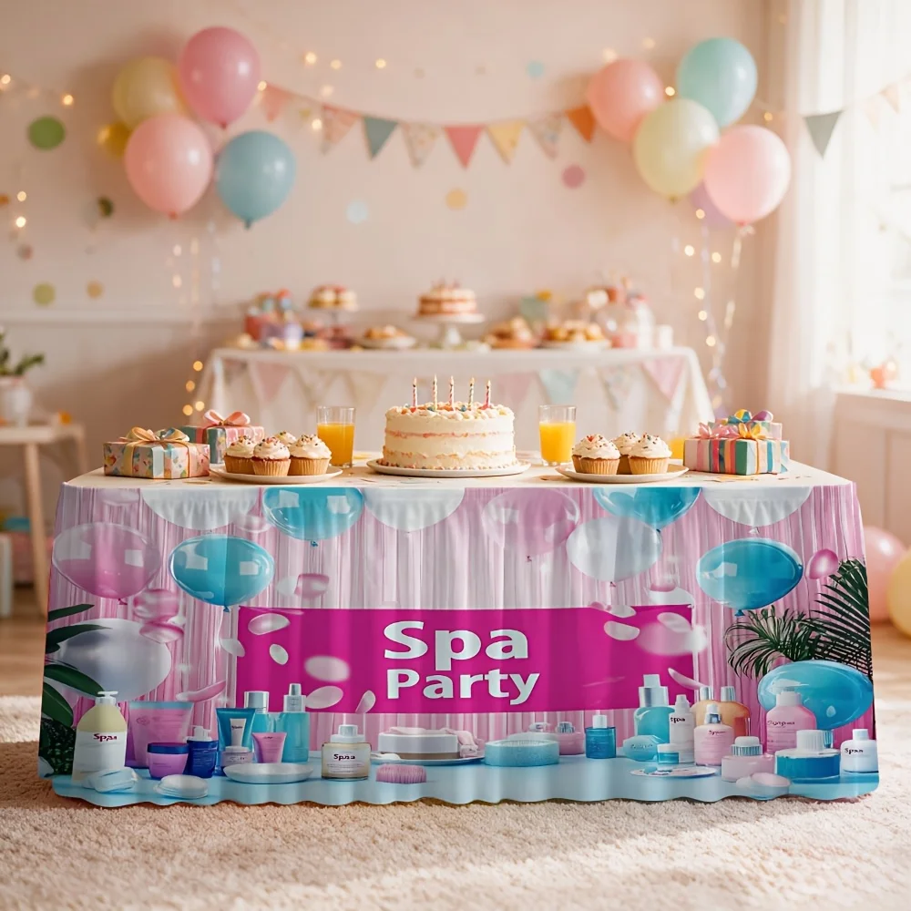 Spa party cosmetic balloon printed tablecloth and table skirt. Suitable for party events, kitchen and restaurant decoration.