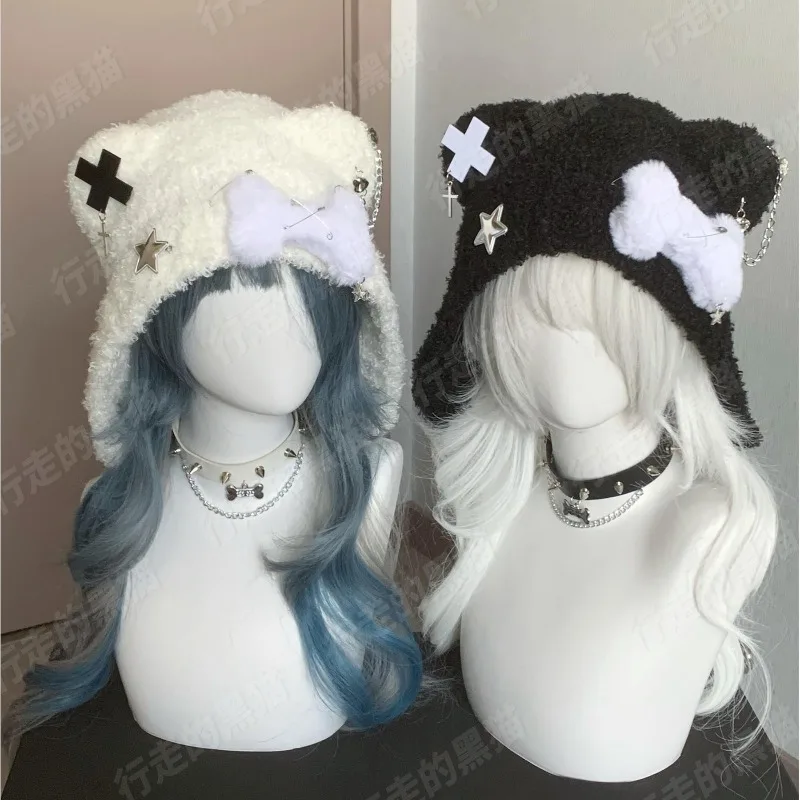 Y2K Gothic Cat-Ear Fluffy Hat with Cross & Star Charms – Jirai Kei Soft Girl Winter Warm Plush Beanie – Harajuku Streetwear Gife