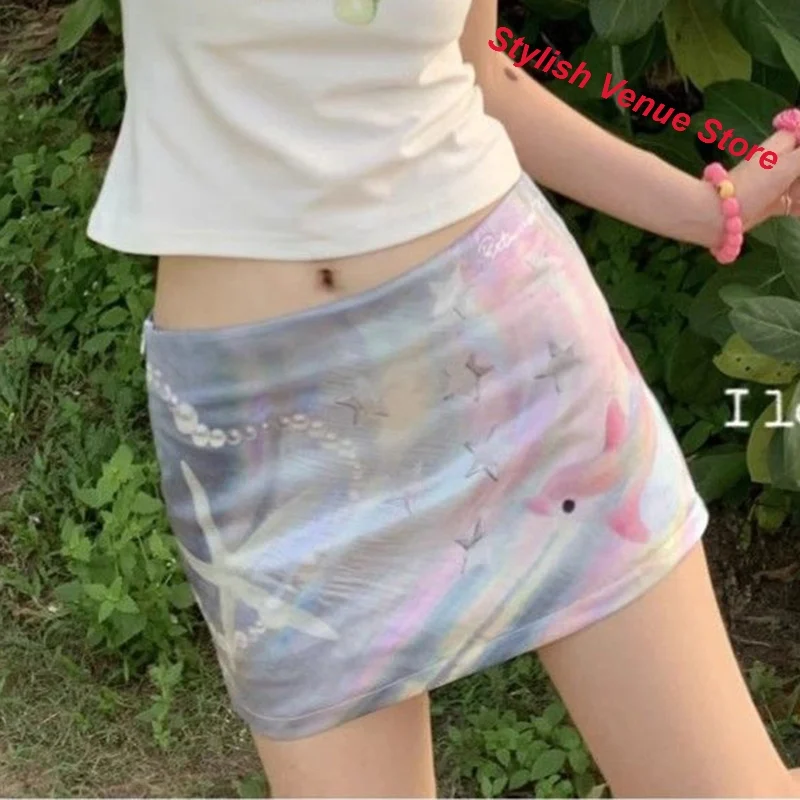 Korean ocean style fashion slim low waist Joker skirt female summer and autumn new sweet and lovely casual stretch printed skirt