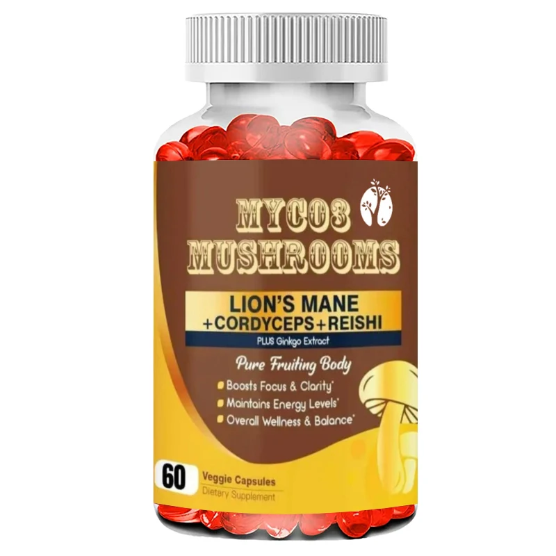 

Капсулы с добавками для здоровья: грибы львиная грива, кордицепс, линчжи и листья гинкго - 60 капсул