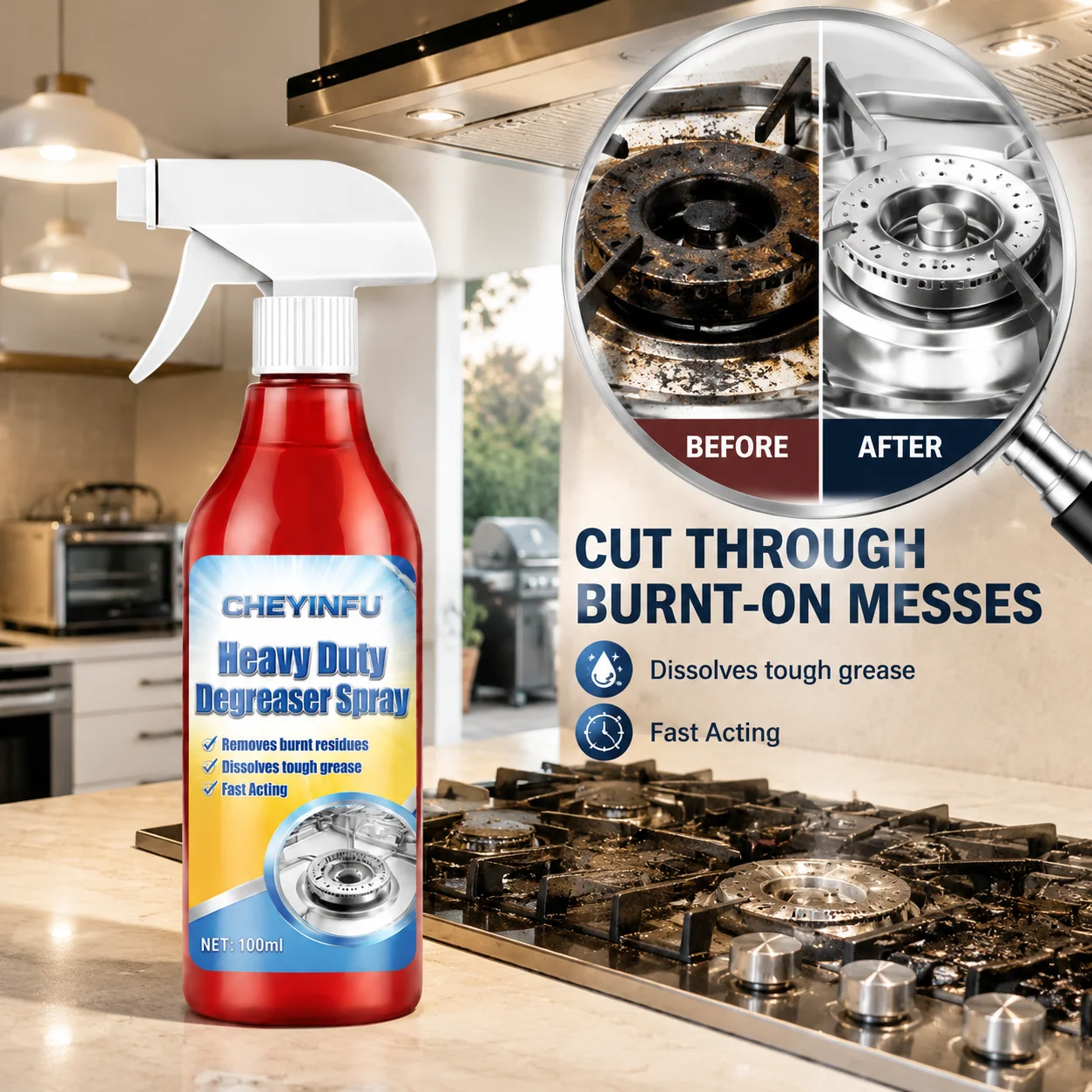 CHEYINFU Kitchen Heavy Duty Degreaser Spray Fast Acting Burnt-On Residue Remover 100ml