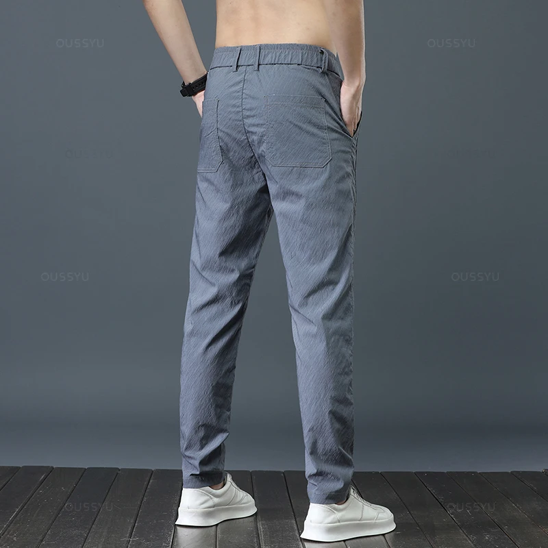 Summer Ultrathin Breathe Striped Pleats Casual Pants Men Stretch Slim Elastic Waist Business Classic Male Gray Green Trousers