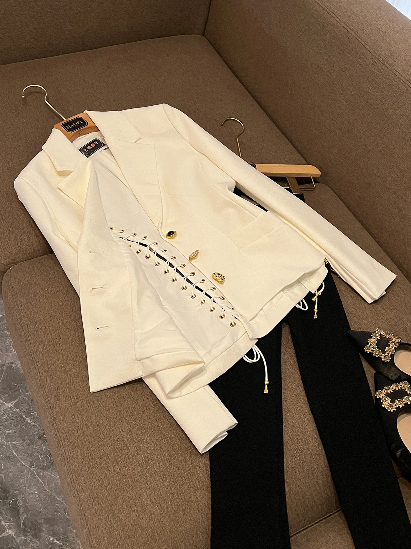 Commute Sle femmes coupe ajustée ort Sve costume Long Jaet automne hiver nouveauté couleur Pure haut de gamme sensation OK22