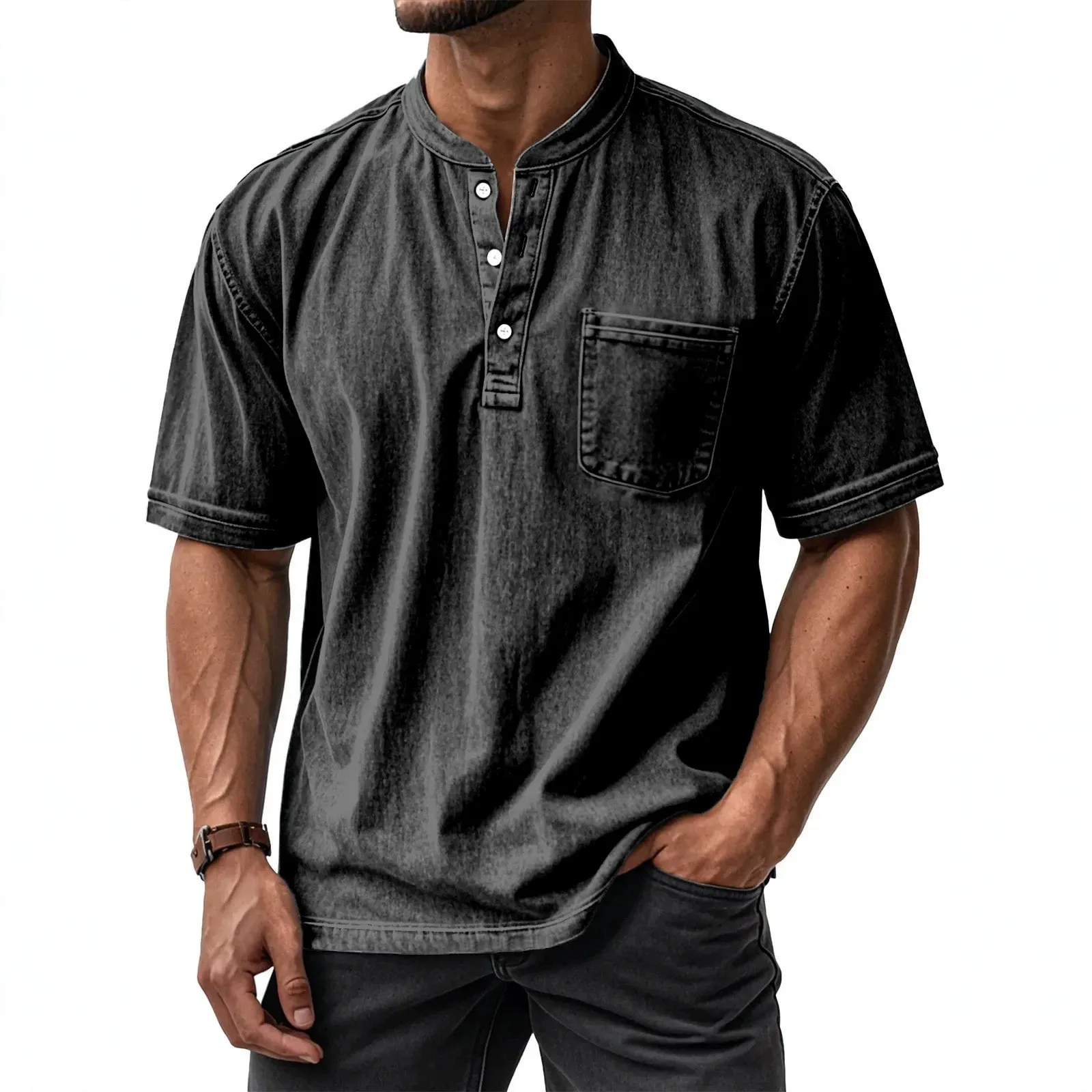 Immagine 6: Camicia Casual a Maniche Corte, Vestibilità Ampia, Stile Casual Leggero e Maturo, con Stampa Estiva, Tasca, Colletto Polo, per Uomo