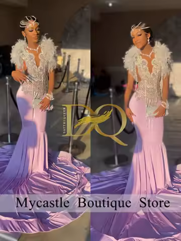 Lavender Feather Shoulder Diamond Prom Dress 2026 Fancy Slim Fit Evening Party Gown For Black Girls Birthday Dress Customized