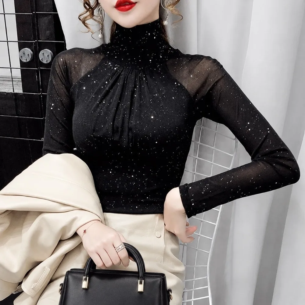 New Mesh Lace Blouse Glitter Detail Fleece‑Lined Option Long Sleeve Shirt Ruched Front Slim Fit Women Base Layer Daily Wear