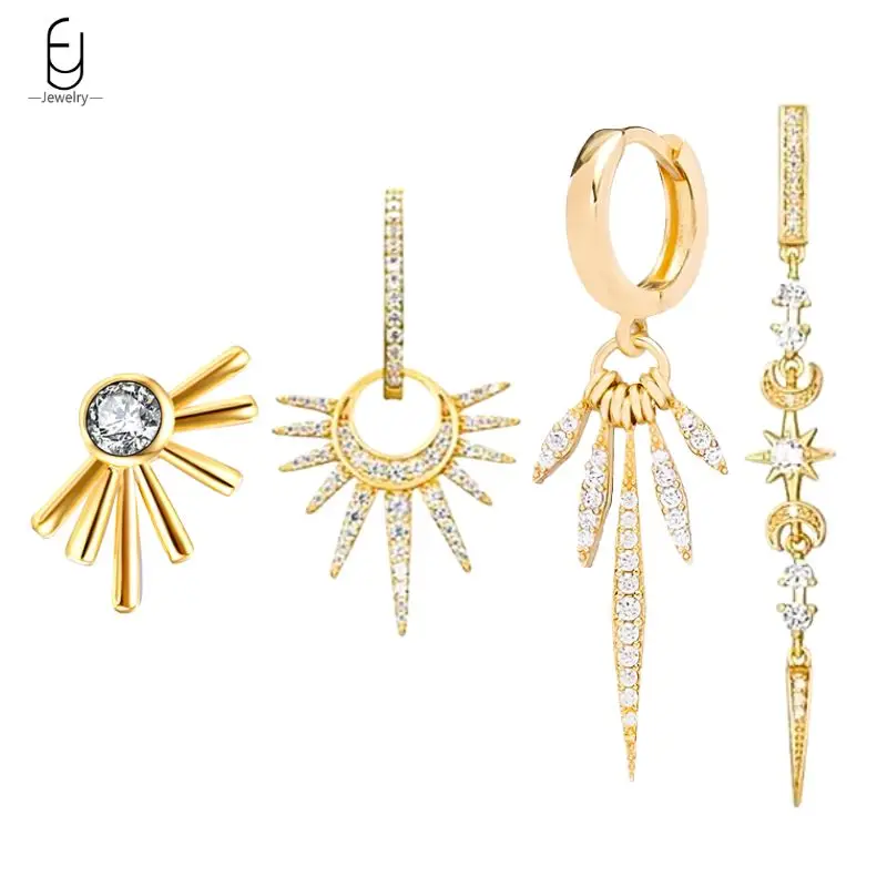 925 Sterling Silver Needle Fashion Pave Crystal Hoop Earrings Dla kobiet Punk Sun/Rivet Pendant Earrings Luksusowa biżuteria na prezenty