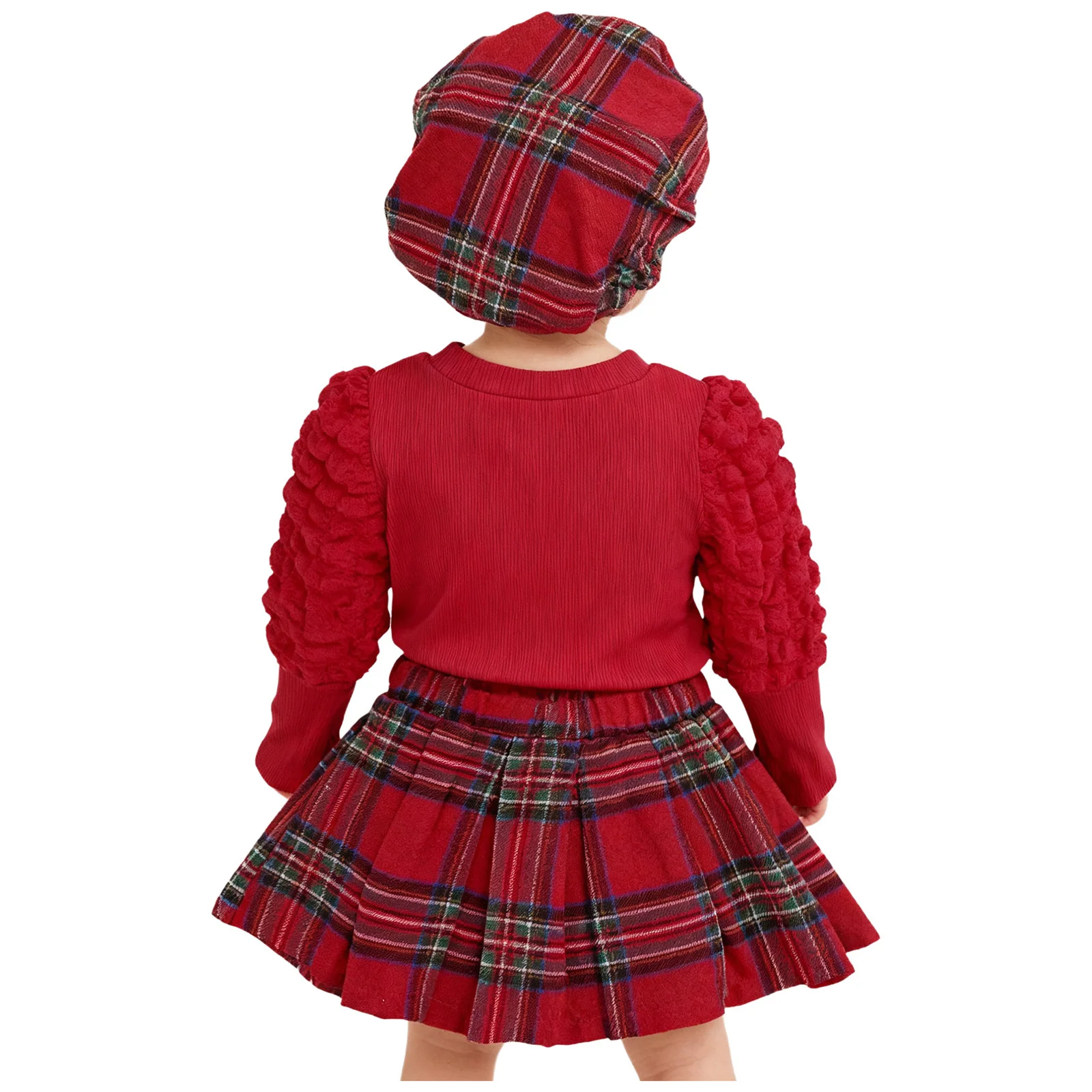 Baby Girls Christmas Outfits Long Puff Sleeves Ribbed Top with Plaid Skirt Hat Birthday Holiday Family Gathering Kids Clothing