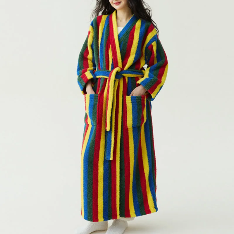 Autumn Winter New Colorful Striped Velvet Robe Thickened Warm Bathrobe for Women Casual Lace Up Long Soft Women Pajamas