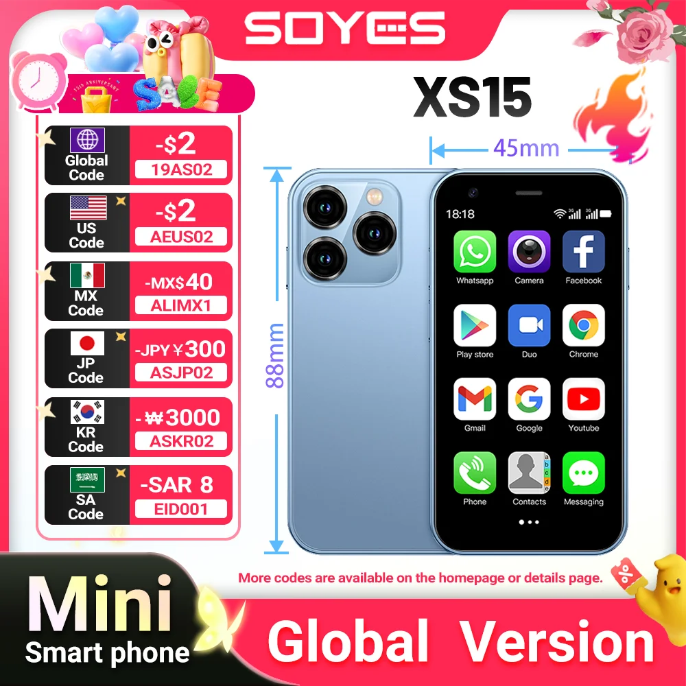 SOYES XS15 Mini Android8.1 Smart Phone 3.0 Inch Display 2GB RAM 16GB ROM Dual SIM Standby Play Store 3G Little Phone