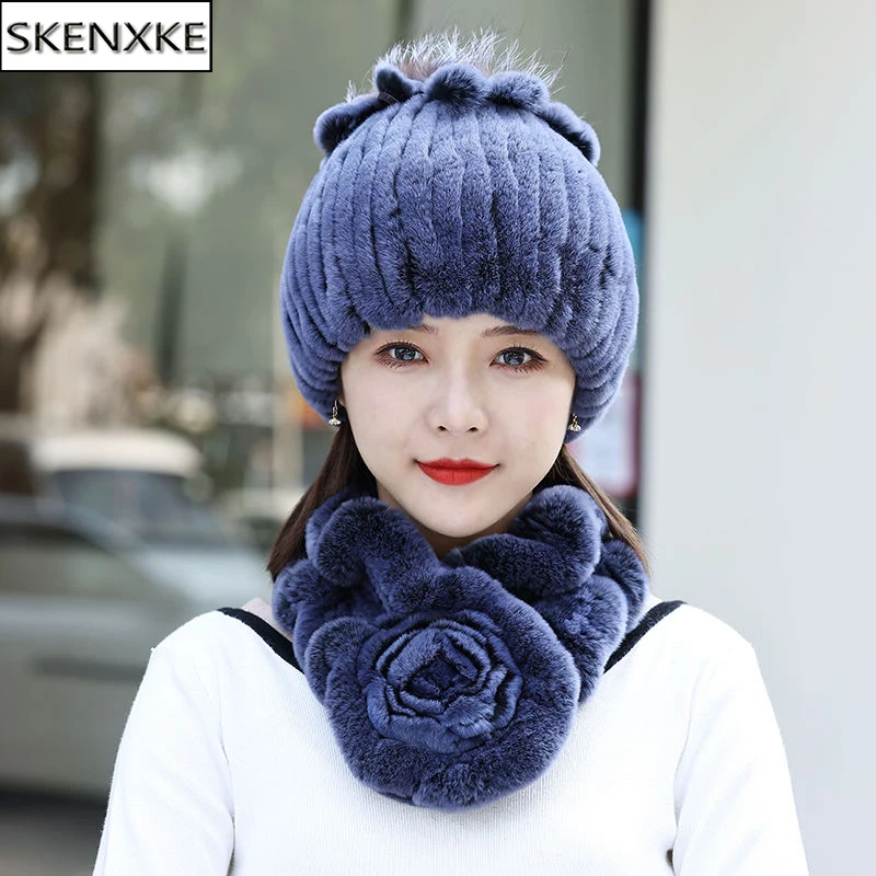 

New Fashion Women Winter Real Rex Rabbit Fur Hat Scarf Natural Soft Rex Rabbit Fur Cap Scarves Sets For Lady Outdoor Keep Warm