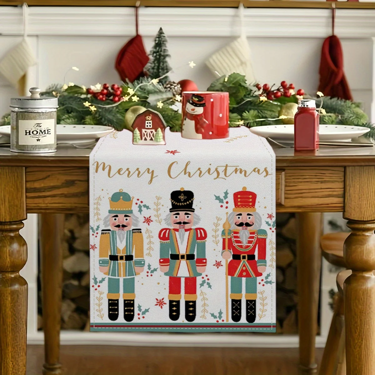 Christmas Nutcracker Linen Table Runner Party Table Decor Washable Winter Xmas Kitchen Dining Table Runners Christmas Decoration
