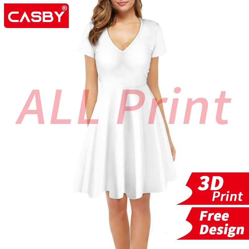 Dress Women Sweet V Collar Female Vintage Elegant Short Sleeve A-line 3D Print Custom Logo All Print Design DIY Free Design