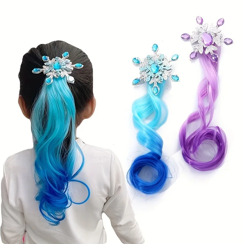 Children's Colorful Wig Hair Clips - Snow Queen - themed Gradient Long Curly Hair Girls' Braided Colorful Rope Headpiece