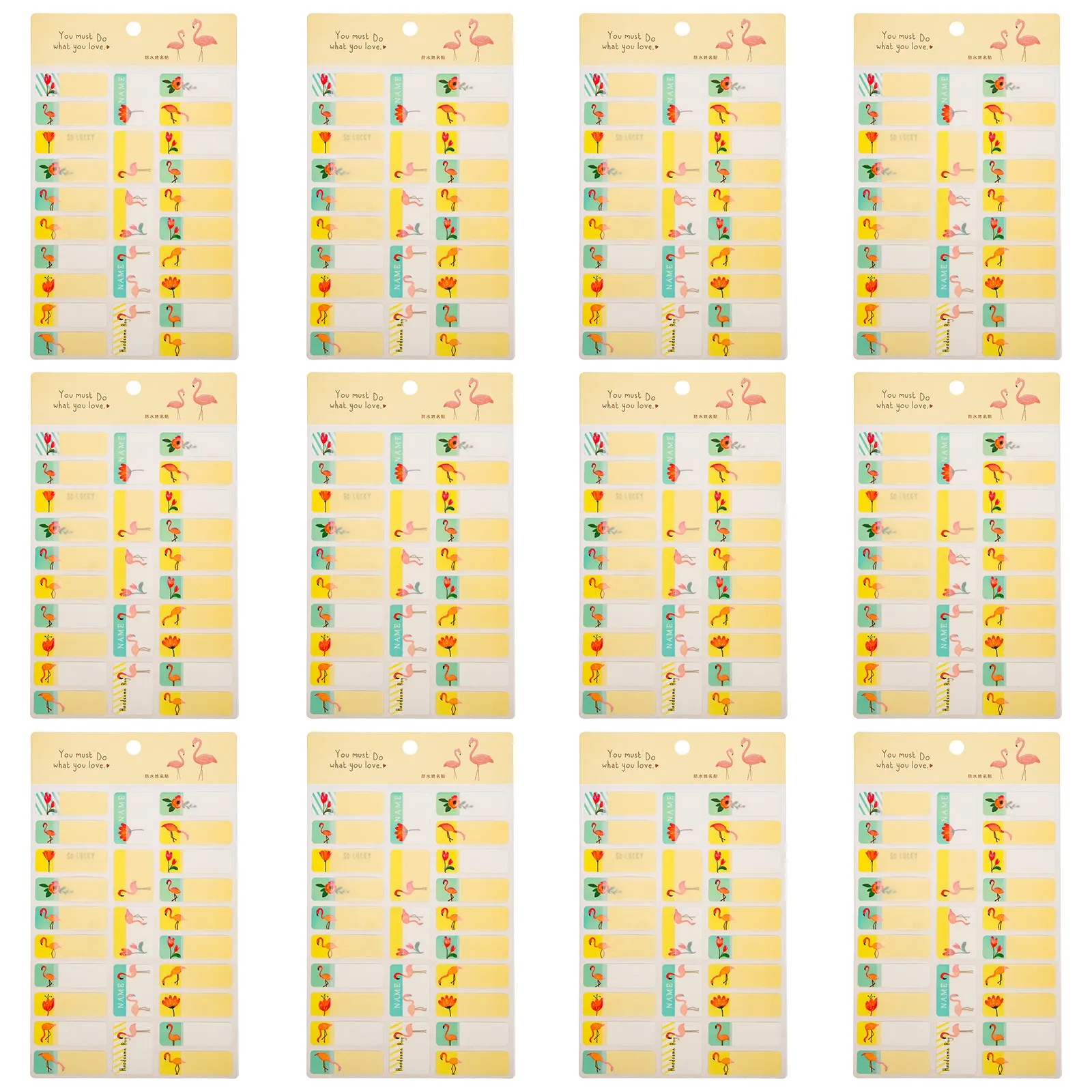 

12 листов водонепроницаемых наклеек с именами для детей, милые мультяшные узоры с фламинго, персонализированные этикетки для одежды и бутылок, идентификационные наклейки