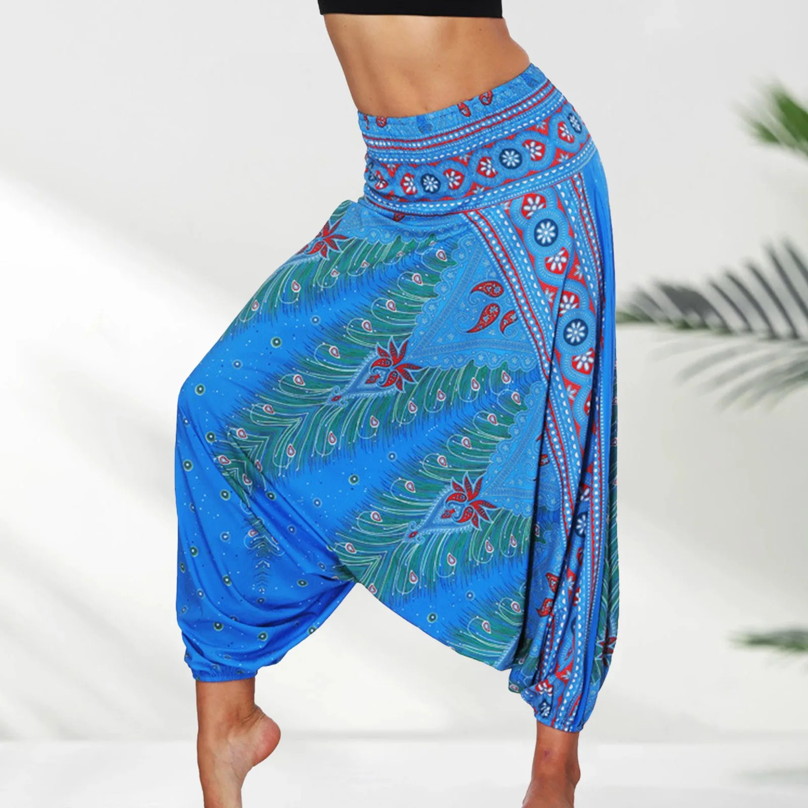 2024 Summer New Women\'S Bohemian Yoga Pants Hippy Harem Smocked Waist Trousers Flowy Loose Beach Pants Women Rayon Pantalones