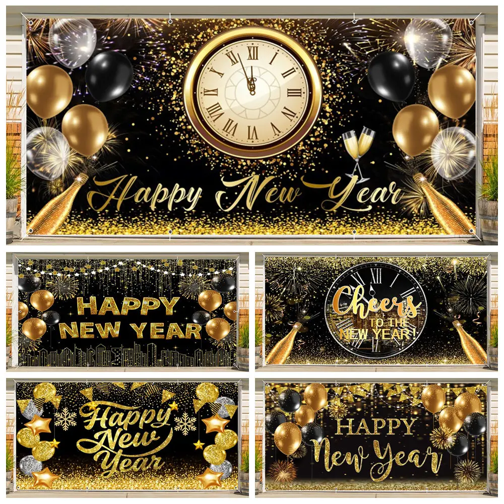 2025 Happy New Year Party Garage Door Banner Clock Countdown Sparkling Fireworks Decor Outdoor Gold Black Garage Door Background