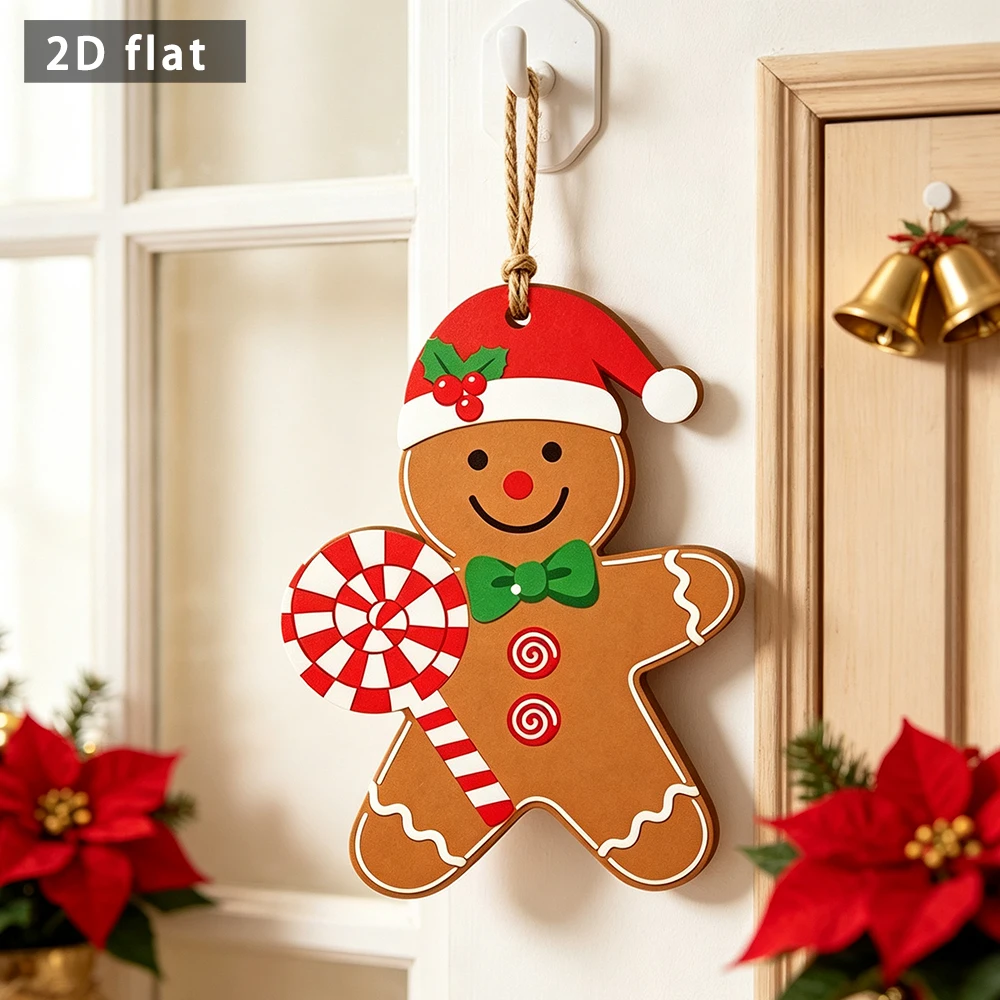 Christmas Gingerbread Man Wooden Hanging Plaque, 2D Flat Ornament with Santa Hat & Lollipop, Winter Holiday Door Wall Decor