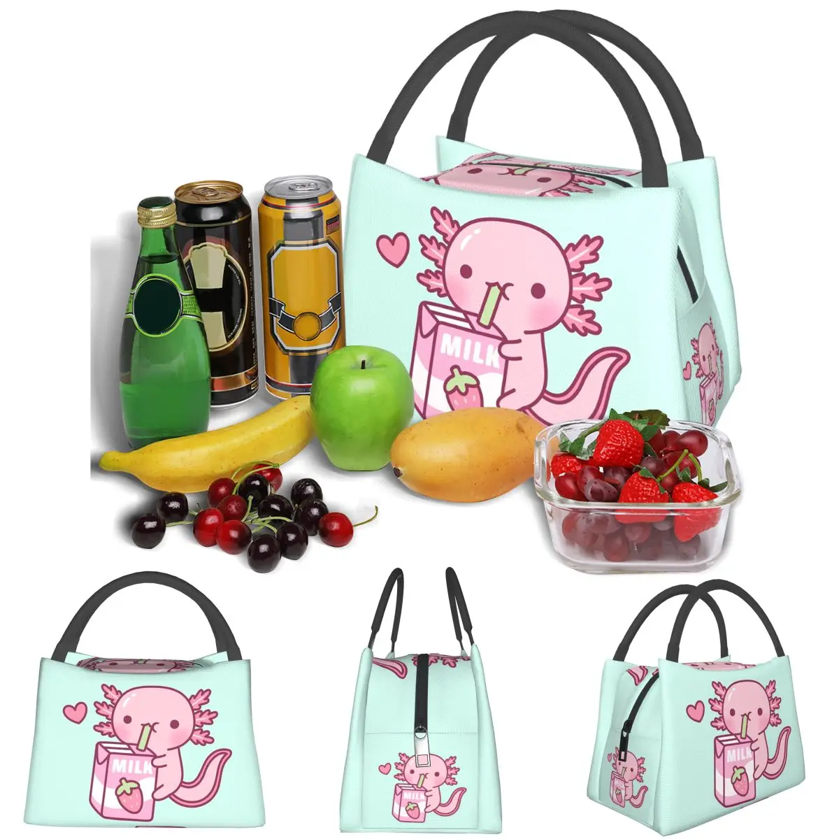 Cute Axolotl Loves Strawberry Milk Doodle Lightweight Handheld Insulated Lunch Bag Aluminum Foil Liner for Adults Travel Picnic