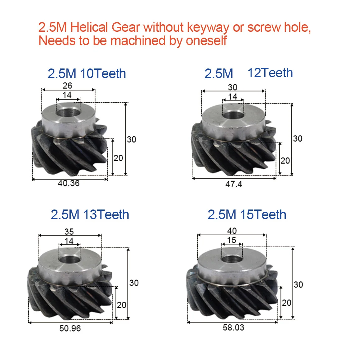 1Pcs 2.5M/3M 10-30T 45 Degree Left/Right No Keyway Helical Gear Motor Interlaced Gear14/15/20mm Hole 90 Degree Transmission Gear