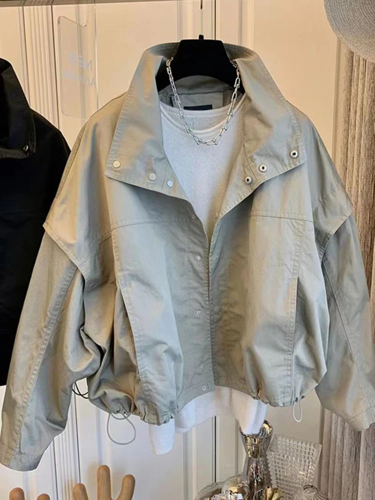 Casual Short Women's Bomber Jacket Stand Collar Loose Windbreaker Coat Streetwear Drawstring Basic Jacket Female 2023 Spring