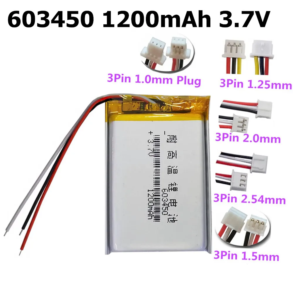 603450 3.7V 1200mAh JST 3Pin NTC Thermistor 3 Wires Li-Polymer Lipo Rechargeable Battery For GPS Camera LED E-books Video Game