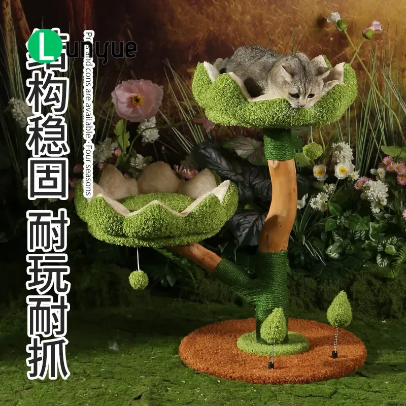 Solid Wood Cat Climbing Frame Large Space Saving Pet Tree with Nest Integrated Toy Lotus Design for Indoor Cats Good Luck
