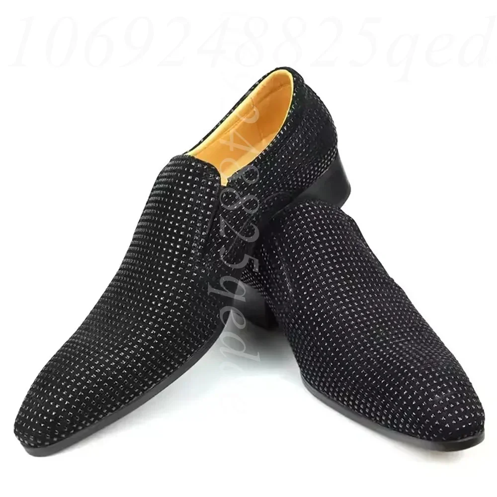 Men's Black Sparkle Dot Slip-On Loafers Low Block Heel Glitter Textured Dress Shoe Pointed Toe Low Block Heel Pumps Daily Wear